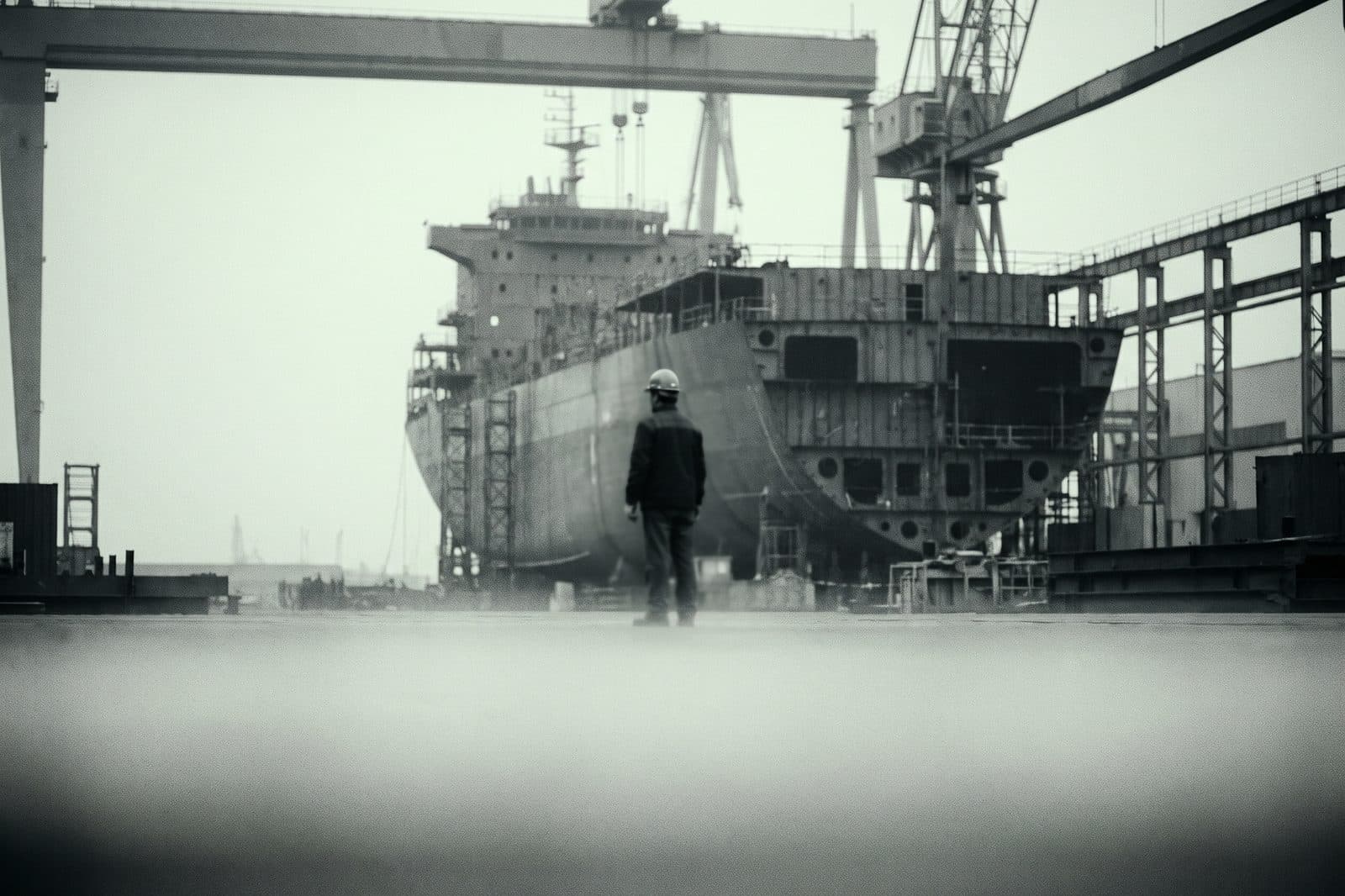 Gantry cranes over a hull under construction at the Geoje shipyard