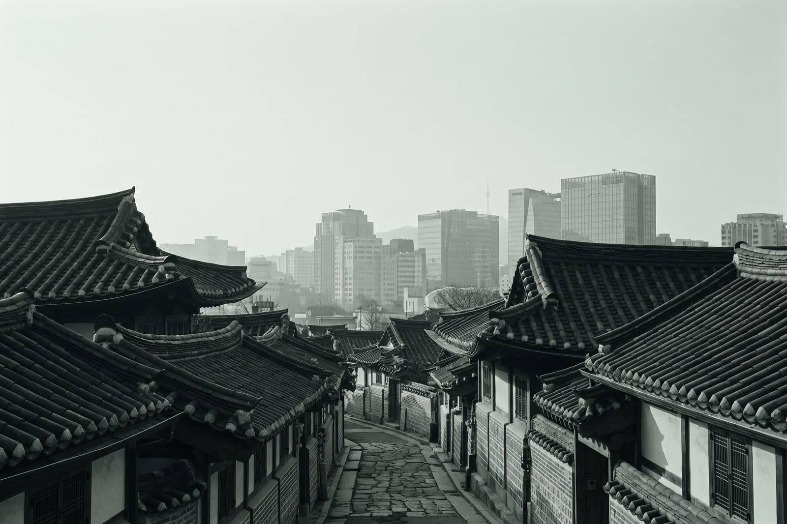 Hanok roofs in Bukchon with the towers of Seoul behind